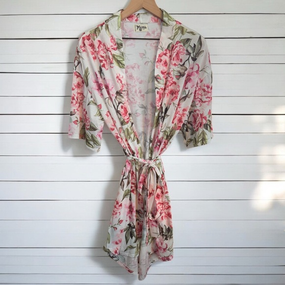 Show Me Your MuMu Floral Brie Robe White Pink Tie Front One Size Bridal Wedding - Picture 2 of 8